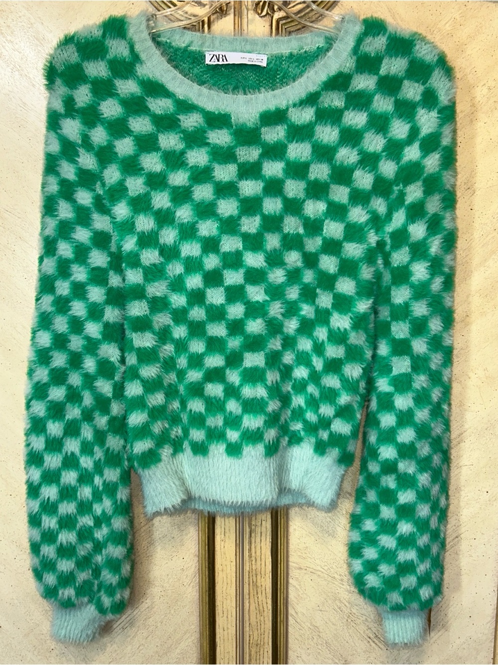 ZARA Green Checkered Soft Fuzzy Crewneck Sweater